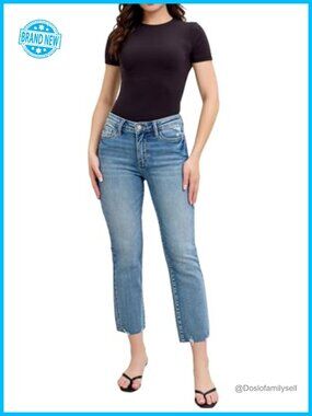 Mid Rise Kick Flare Jeans Destroyed Hem Crop 26" Inseam Stretch Denim